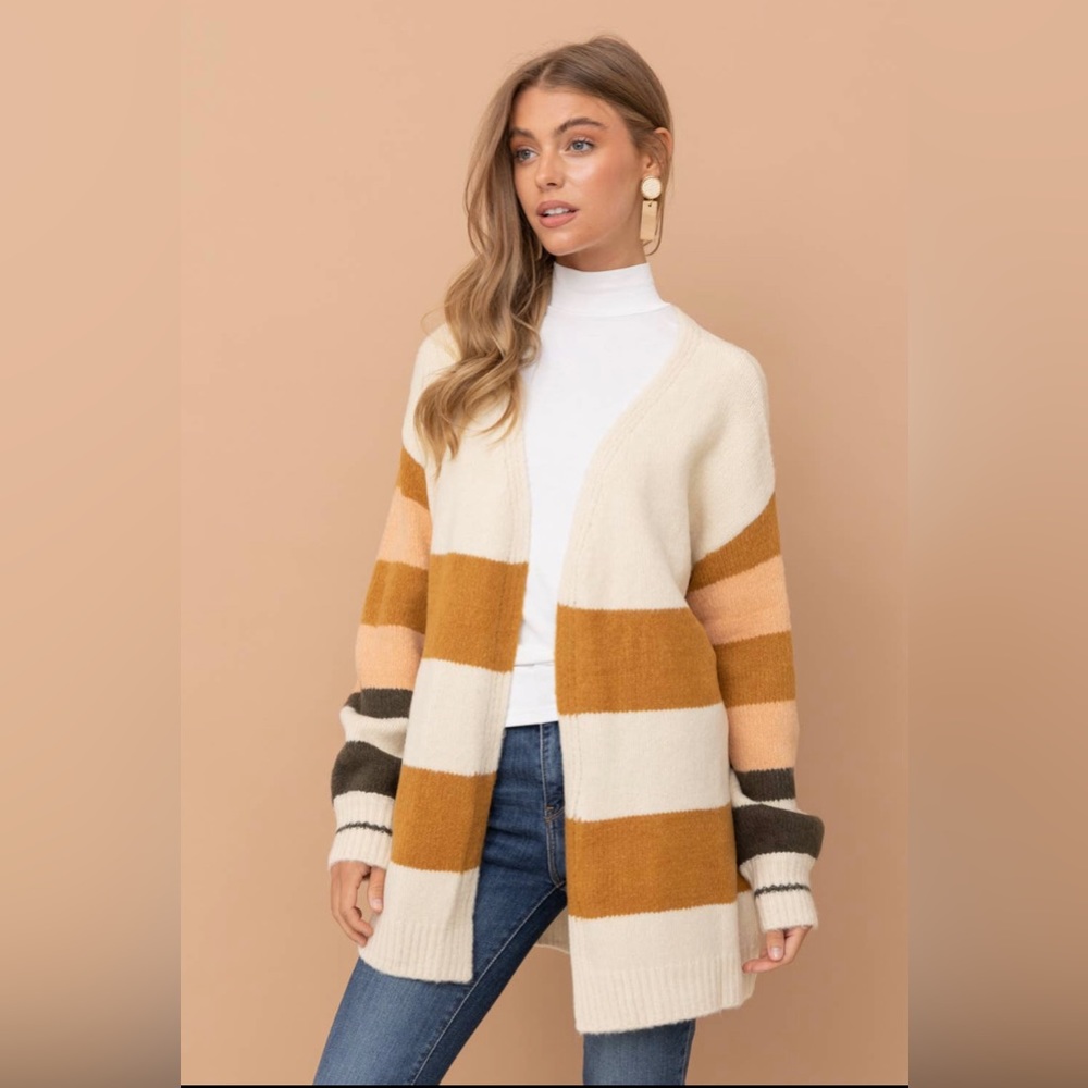 Soft brushed yarn striped open cardigan